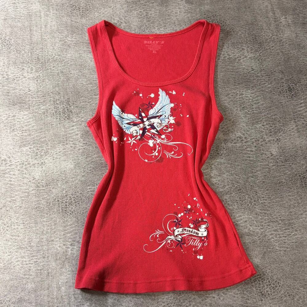 Red Ribbed Tattoo Print Tank Top
